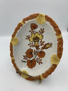 Vintage Italian Orange, White & Yellow Floral Plate w Stand 1970's Hand Painted - Picture 1 of 1