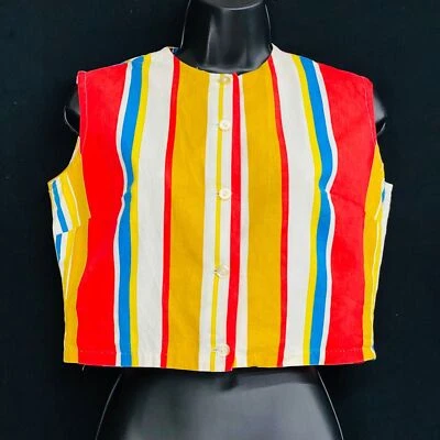 Vintage 1960 Colorido Crop Top Rayas, Sin Mangas Algodón Rojo Amarillo Camisa Tanque Foto 1 de 4