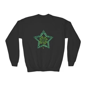 St. Patrick's Day four leaf clover checkered star Youth Crewneck Sweatshirt - Picture 1 of 5