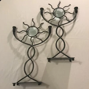 Vintage Sunshine Rays Wrought Iron Candle Holders with Glass Lens UNIQUE - Picture 1 of 1