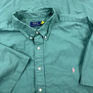Polo Ralph Lauren Camicia Uomo 2XB Verde Rosa Bottoni Panno Oxford Manica Corta - Foto 1 di 9