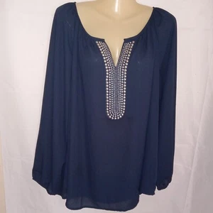 Alfani Woman Size 20W Tunic Top Blue Chiffon Long Sleeve Vneck Beaded Plus 20W - Picture 1 of 9