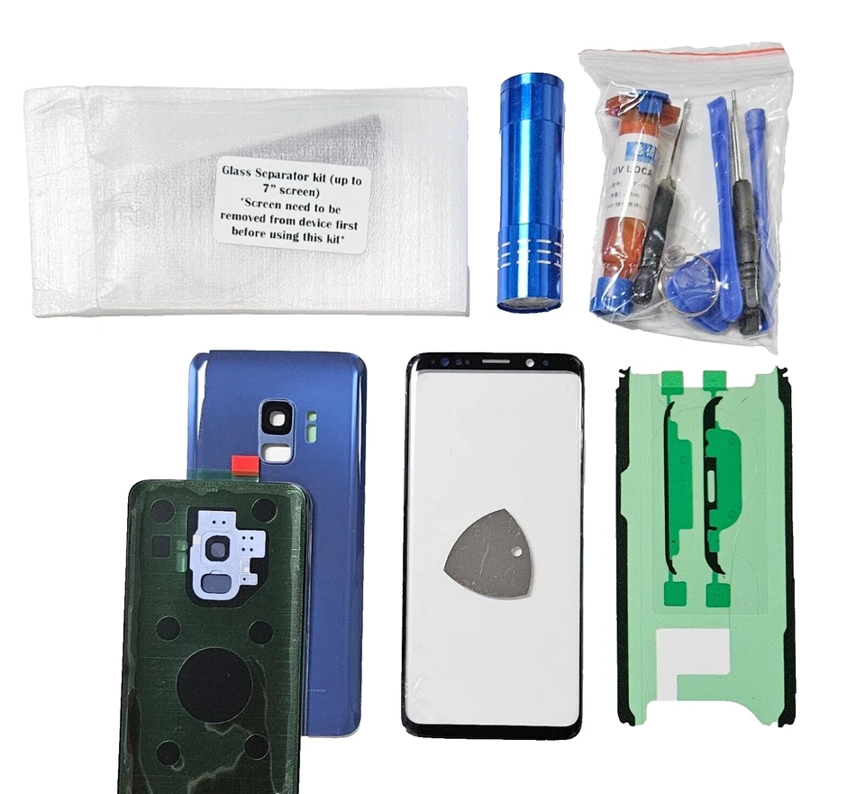 Kit de reparo de tela compatível Galaxy S9 capa de vidro frontal traseira substituição azul - Imagem 1 de 1