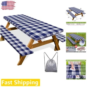 Waterproof Picnic Table Cover with Bench Covers - 3 Pcs Set, Blue Checkered - Picture 1 of 9