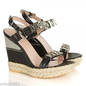 Stuart Weitzman Black Stepchain Leather Wedge Sandals Size 9 - Picture 1 of 6