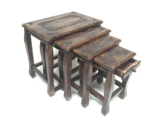 NEST OF 4 CARVED INDIAN WOODEN SIDE END COFFEE TABLE NESTING LIVINGROOM TABLES - Picture 1 of 5