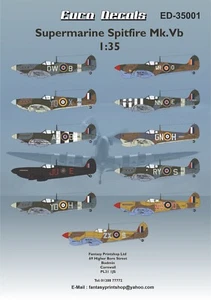EURO DECALS ED-35001 SUPERMARINE SPITFIRE MK VB WATER SLID ETRANSFERS 1/35 SCALE - Picture 1 of 13
