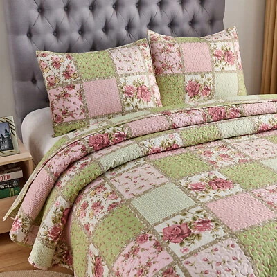 3 Pcs Queen King Floral Bedspread Pink Patchwork Quilt Set Bedding Sheet Set