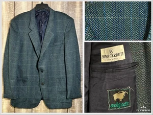 Nino Cerruti Italy Blazer 100% Cashmere 46R 54 EU Blue Green Herringbone VTG Y2K - Picture 1 of 10