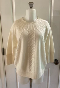Kier+J |Women's Ivory 100% Cashmere Cable Knit Crew Neck Sweater Size Large - Picture 1 of 13