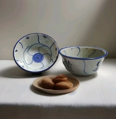 2 cuencos de sopa vintage chinos de porcelana azul y blanco hechos a mano Foto 1 de 4