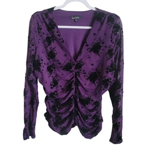 Blusa donna Nicole Miller velluto burnout increspato grande viola floreale stravagante - Foto 1 di 10