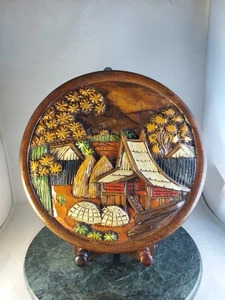 Vintage handgeschnitzt afrikanische Dorfszene Holz Wandbehang Relief handgefertigt  - Bild 1 von 10