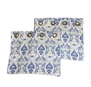 2 Blue White Curtains Panels Drapes Grommet Top Cotton Spade Print 84 Long Pair - Picture 1 of 6