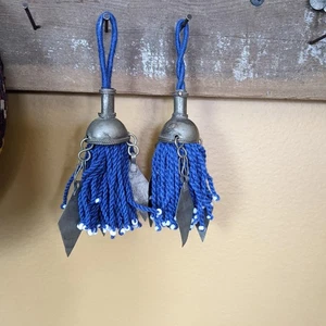 Turkmen Tassels Unique Vintage Tops Pointy Dangles Pair Cobalt Blue (15269) - Picture 1 of 5