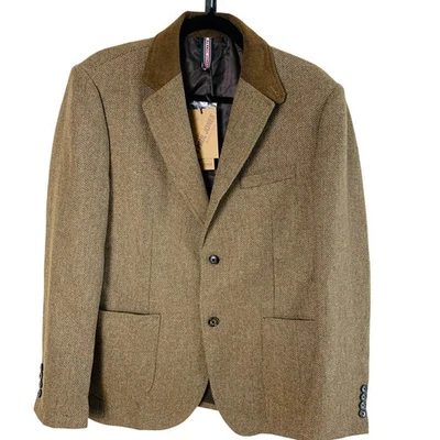 Paul Jones Sz M Wool Herringbone Sport Coat Blazer Jacket Brown Corduroy Collar  - Image 1 of 4
