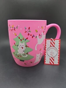 Peppermint & Pine Soft Touch Pink Cats With Christmas Lights Holiday Mug  - Picture 1 of 6