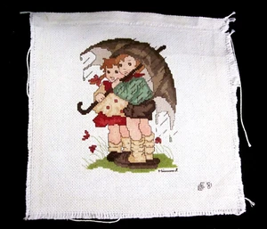 "Hummel" Handmade Cross Stitch  Children with Umbrella   8" x 8" Vintage Signed - Picture 1 of 4