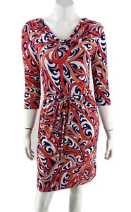 Banana Republic Dress XS Cowl Neck Peach Red Navy Swirl Print Tie Waist Stretch - Picture 1 of 6