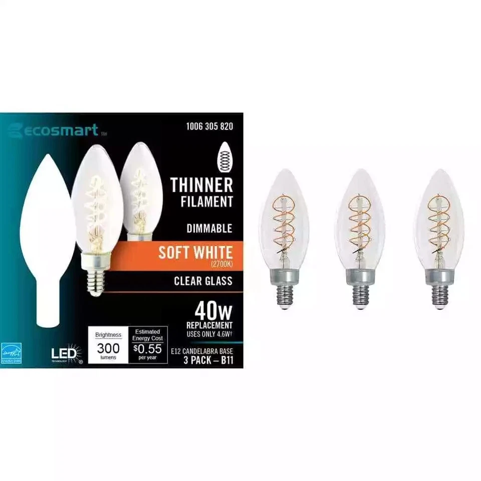 EcoSmart 40-Watt LED Soft White Dimmable B11 Candelabra Clear Glass (3-Pack) NEW - Image 1 of 1