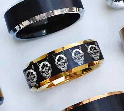 Grabado Tungsteno Japonés Hannya Cara Oni Máscara Promesa Mínima Anillo de Boda -8mm Foto 1 de 3