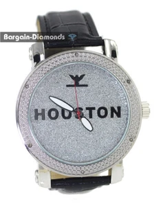 Mens Houston Natural Diamond Silver tone Clubbing Watch Bling Dial 8.5" Leather - Picture 1 of 4
