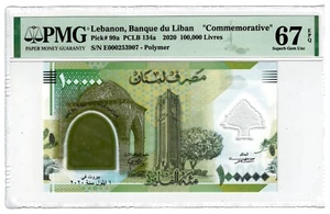 Billete de polímero Lebanon 100000 liras P99a PCLB 134a PMG 67 2020 - Imagen 1 de 2