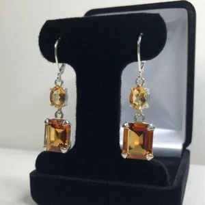 2.00 Ct Emerald Cut Yellow Citrine Drop & Dangle  Earrings 14k White Gold Finish - Picture 1 of 5