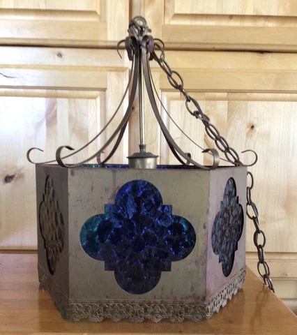 Vtg Midieval SPANISH REVIVAL HEAVY IRON COLOR GLASS HANGING LIGHT- CHANDELIER Cover