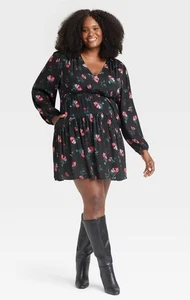4X New Day Damen Ballon Langarm Drop Waist Mini A-Linie Kleid schwarz Blumen - Bild 1 von 5