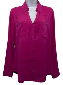 Express The Portofino Shirt Womens Medium Fuchsia Semi Sheer Roll Tab Sleeve - Picture 1 of 7