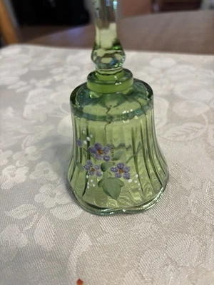 VTG Fenton Glass Bell Green Hand Painted  Flowers Signed By D Cutshaw 4 1/2”  - Image 1 of 4