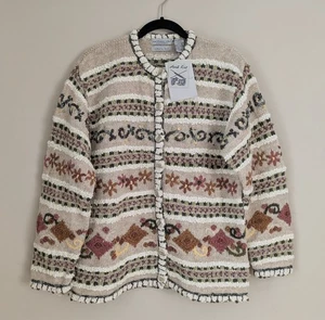 NORTHERN ISLES Vintage Wool Cardigan Women L Hand Knit Textured Embroidered  NWT - Picture 1 of 6