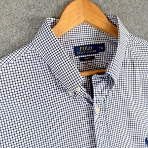 Polo Ralph Lauren Shirt Mens 17.5" Collar Blue Check Long Sleeve Slim Fit - Picture 1 of 14