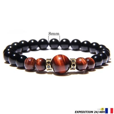 Bracelet perle oeil de tigre marron Johnny Hallyday "Rester Vivant" doré - Photo 1/2