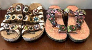 Lot of 2 Pairs Spring Step L'Artiste Sandals 39 Shoe Floral Leather - Picture 1 of 11