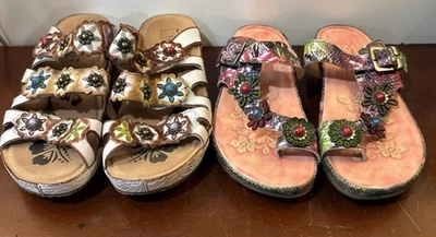 Lot of 2 Pairs Spring Step L'Artiste Sandals 39 Shoe Floral Leather - Image 1 of 4