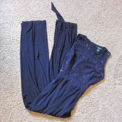 Nuevo sin etiquetas Mono Ralph Lauren 6 Azul Marino Una Pieza Lentejuelas/Encaje Top Bolsillos Formal Foto 1 de 3