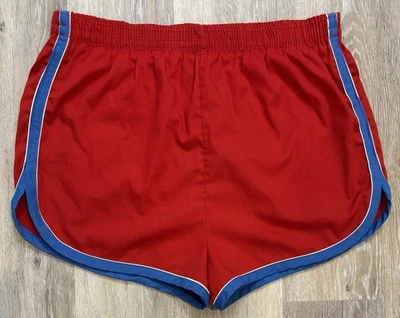 Vintage 70s Mens Running Jogging Shorts Large Lined Red & Blue Stripe 2” Inseam - Image 1 of 4