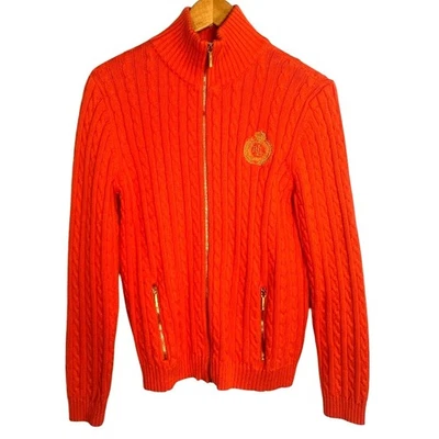 Suéter tejido con cable cremallera completa vintage Lauren Ralph Lauren logotipo bordado dorado LG Foto 1 de 4