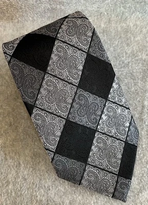 Steve Harvey Tie Designer 62" Silk Black/Gray Paisley Geometric Diamonds - Image 1 of 4