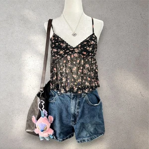 RSQ Babydoll Top Women’s XS Black Floral Sheer Spaghetti Strap Y2K Fairy Grunge - Picture 1 of 8