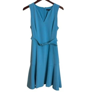 White House Black Market Belted A Line Sleeveless V Neck Dress Retro Blue Size 6 - Picture 1 of 16