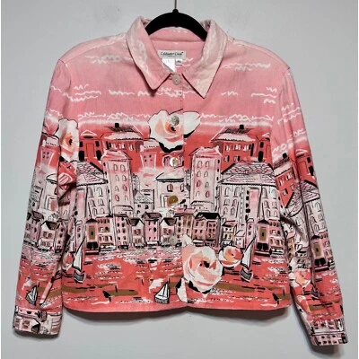 Coldwater Creek Coral Italian Cityscape Jacket Linen Blend Size PL Y2K Art Print - Image 1 of 4