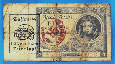 EX RARO SELLO DE MANO GUERRA MUNDIAL en Polonia Billete P72 5 Zlotych 2.1.1930 F Foto 1 de 3