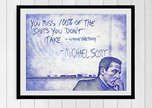 The Office Michael Scott 100% Shots You Don't Take Dunder Mifflin Gift Art Quote - Picture 1 of 2