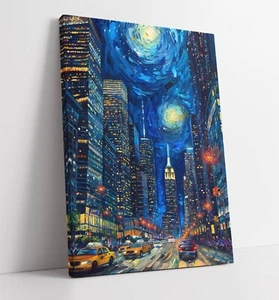 NEW YORK CITYSCAPE STARRY NIGHT VAN GOGH CANVAS WALL ART PICTURE PRINT - Picture 1 of 2