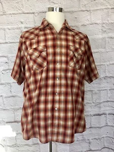 Plains Mens XL Red Beige Plaid Pearl Snap Western Short Sleeve Shirt - Picture 1 of 7
