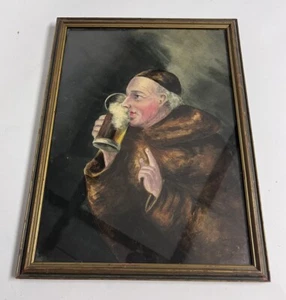 Original 1903 Impressionist Signed Monk Priest Drinking Beer Painting Art Framed - Picture 1 of 4