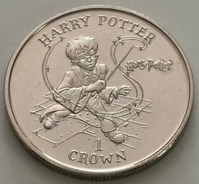 2001 Isle of Man Harry Potter & Magic Wand 1 Crown Coin CuNi BU Condition - Image 1 of 4